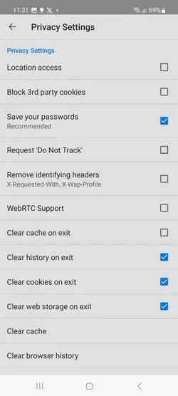 Privacy Settings Screenshot of original application indicating options of location access, cookies, "do not track", webRTC support, etc.